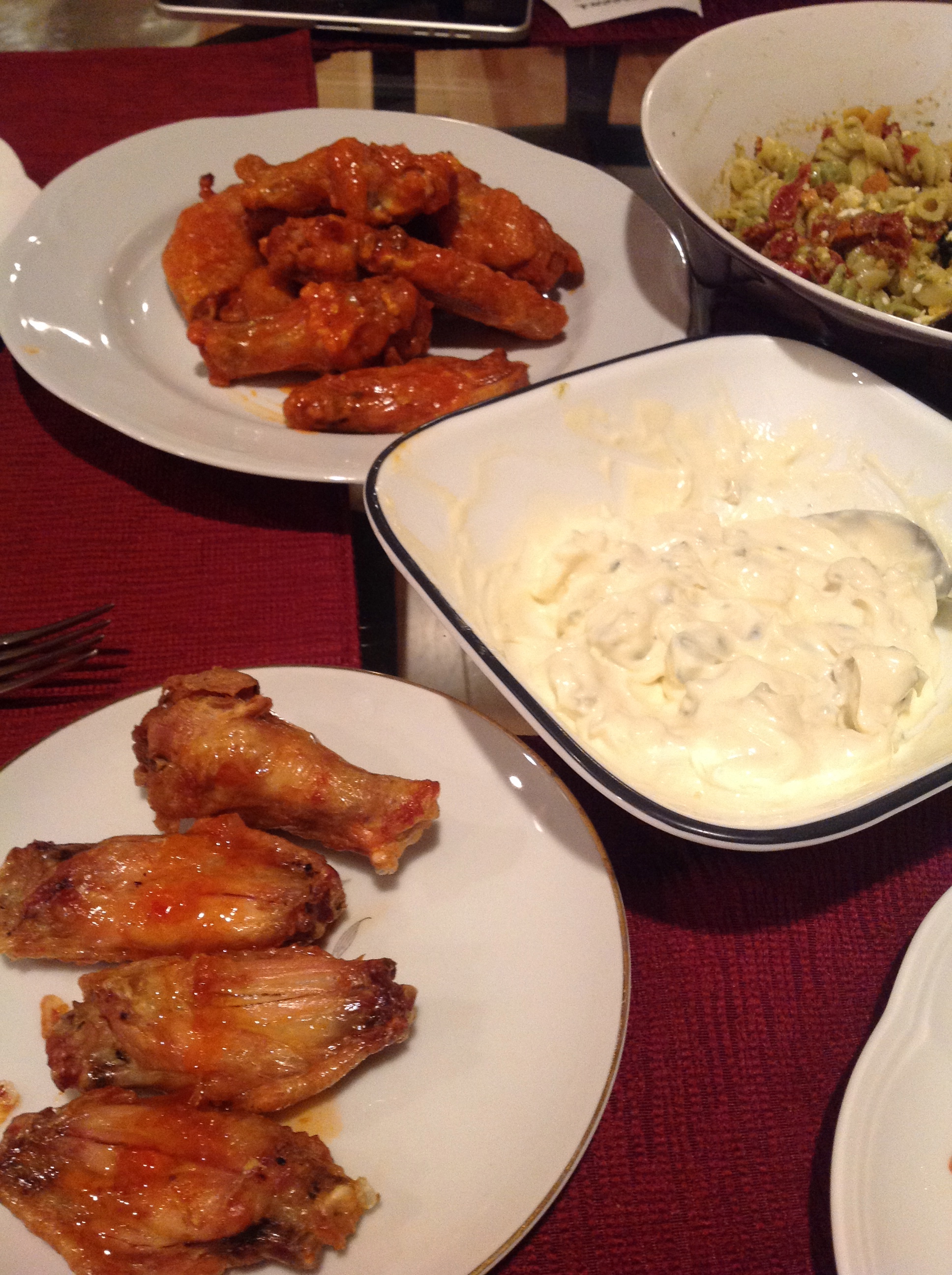 chicken wings,greek pasta salad