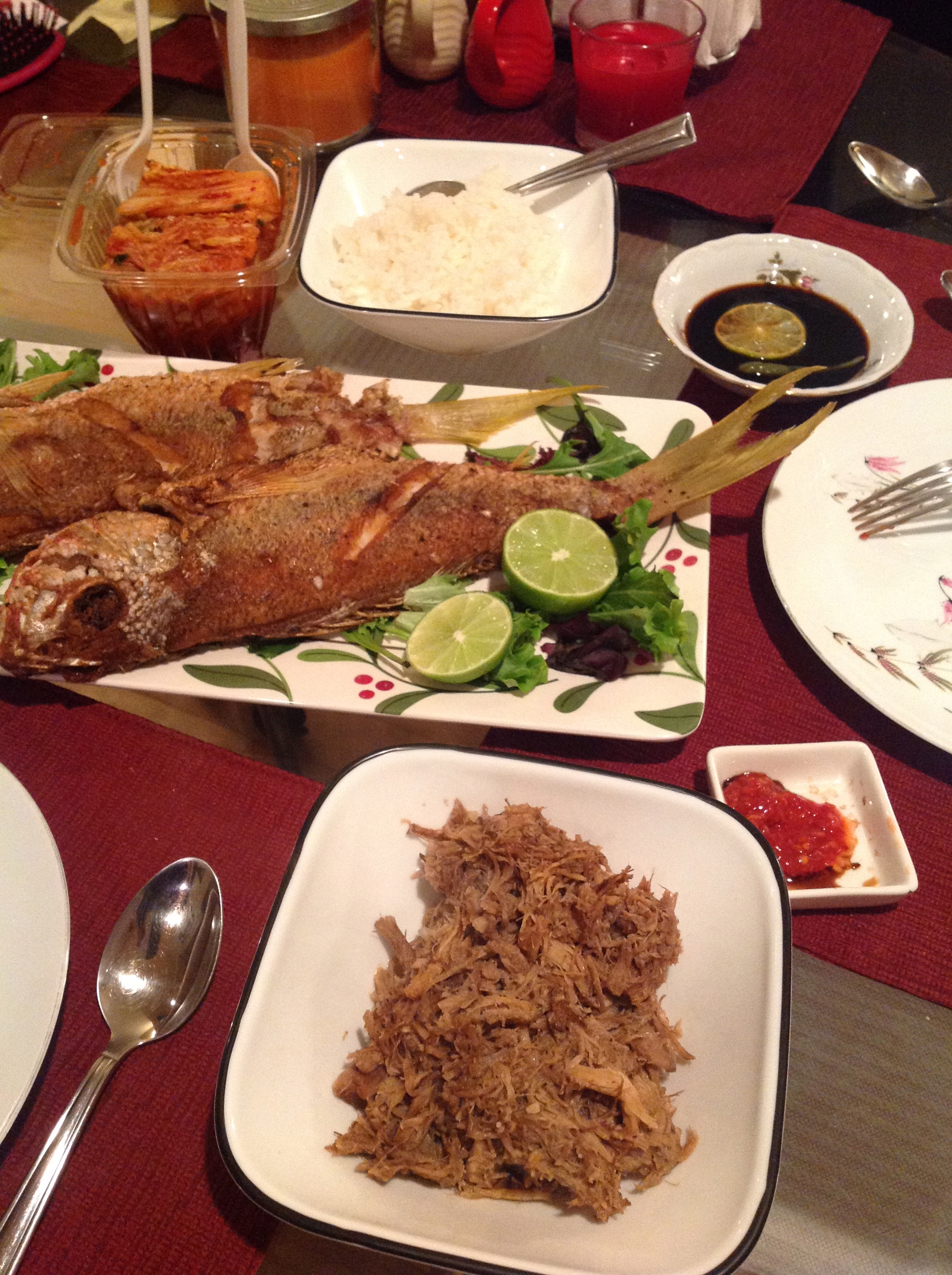 Sunday dinner:fried snapper,kimchi,kalua pork(leftover)
