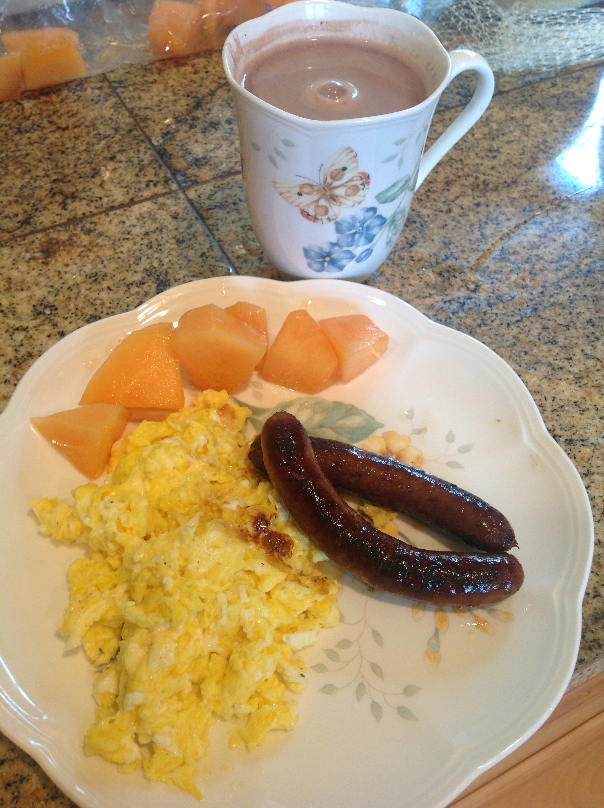 breakfast I prepared for Hubs (sausage,eggs,hot chocolate)