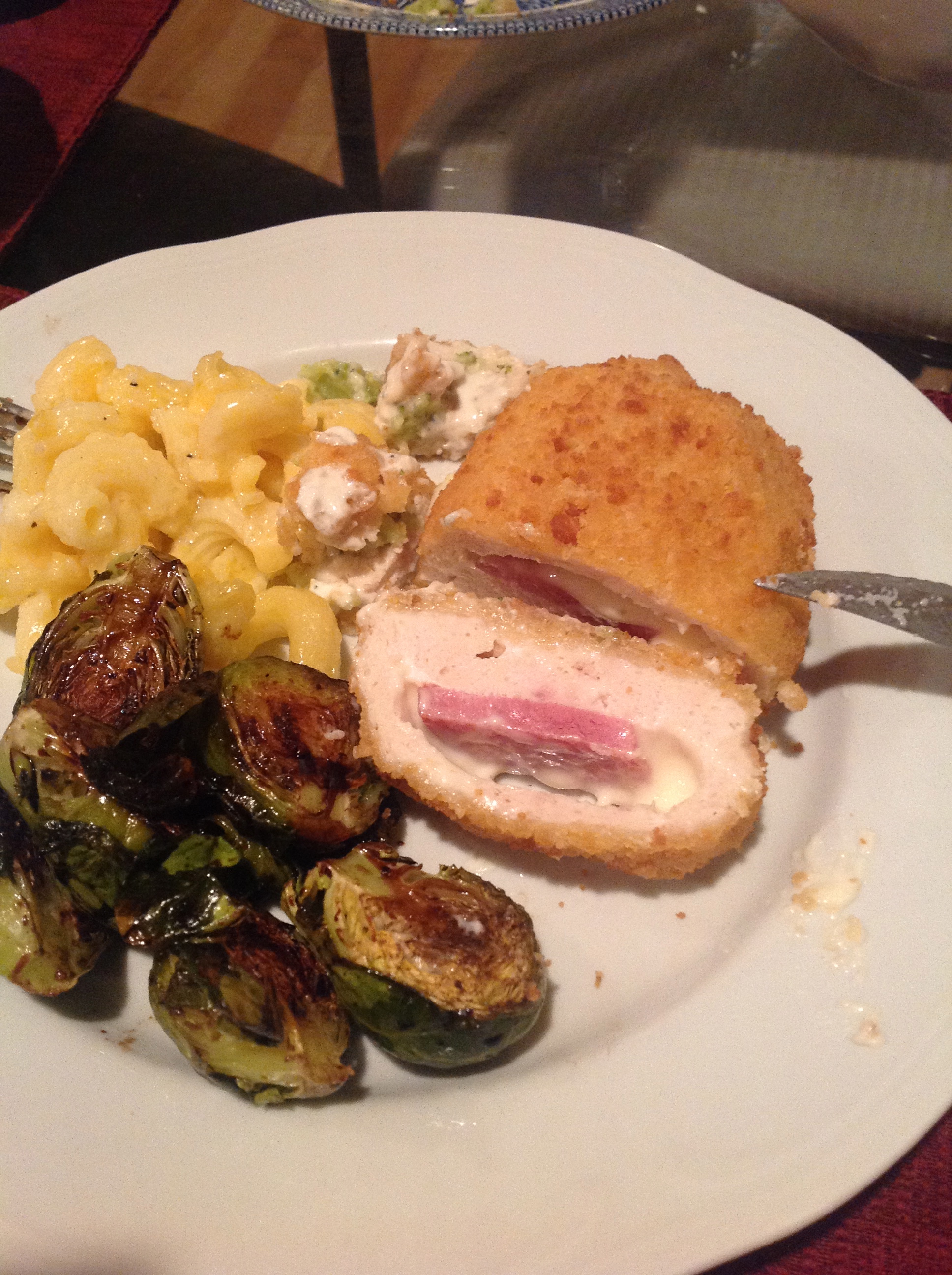 VDAY dinner:chicken cordon blue,mac and cheese,roasted brussels sprouts