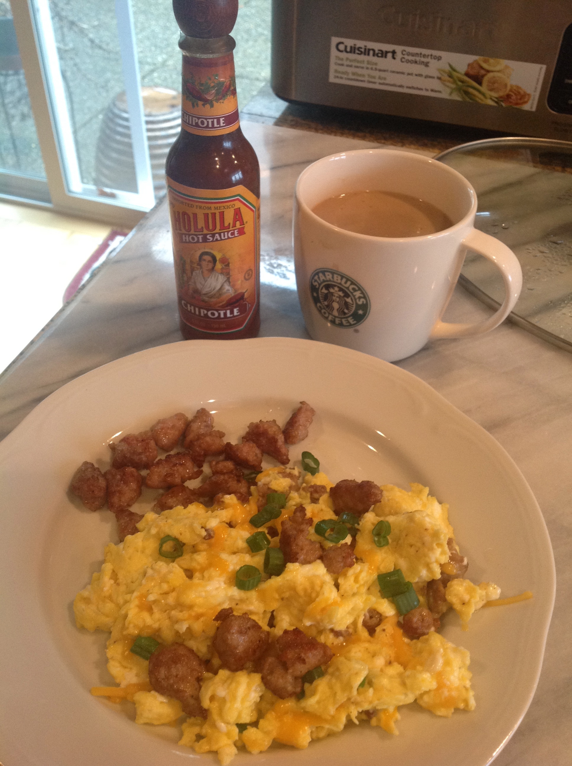 weekend breakfast:eggs,sausage,coffee