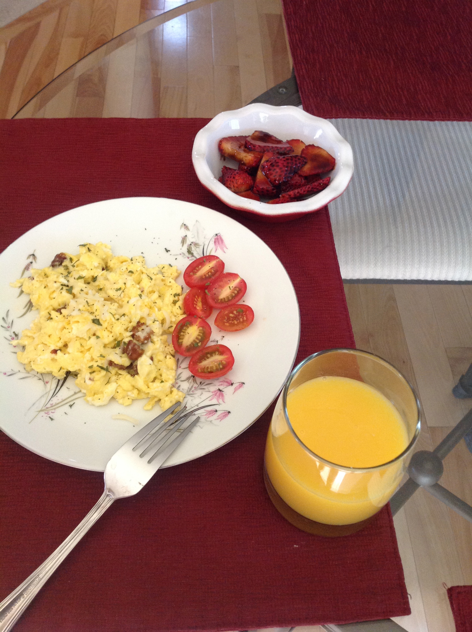 scramble eggs, strawberry in balsamic glaze,OJ (breakfast for hubs)