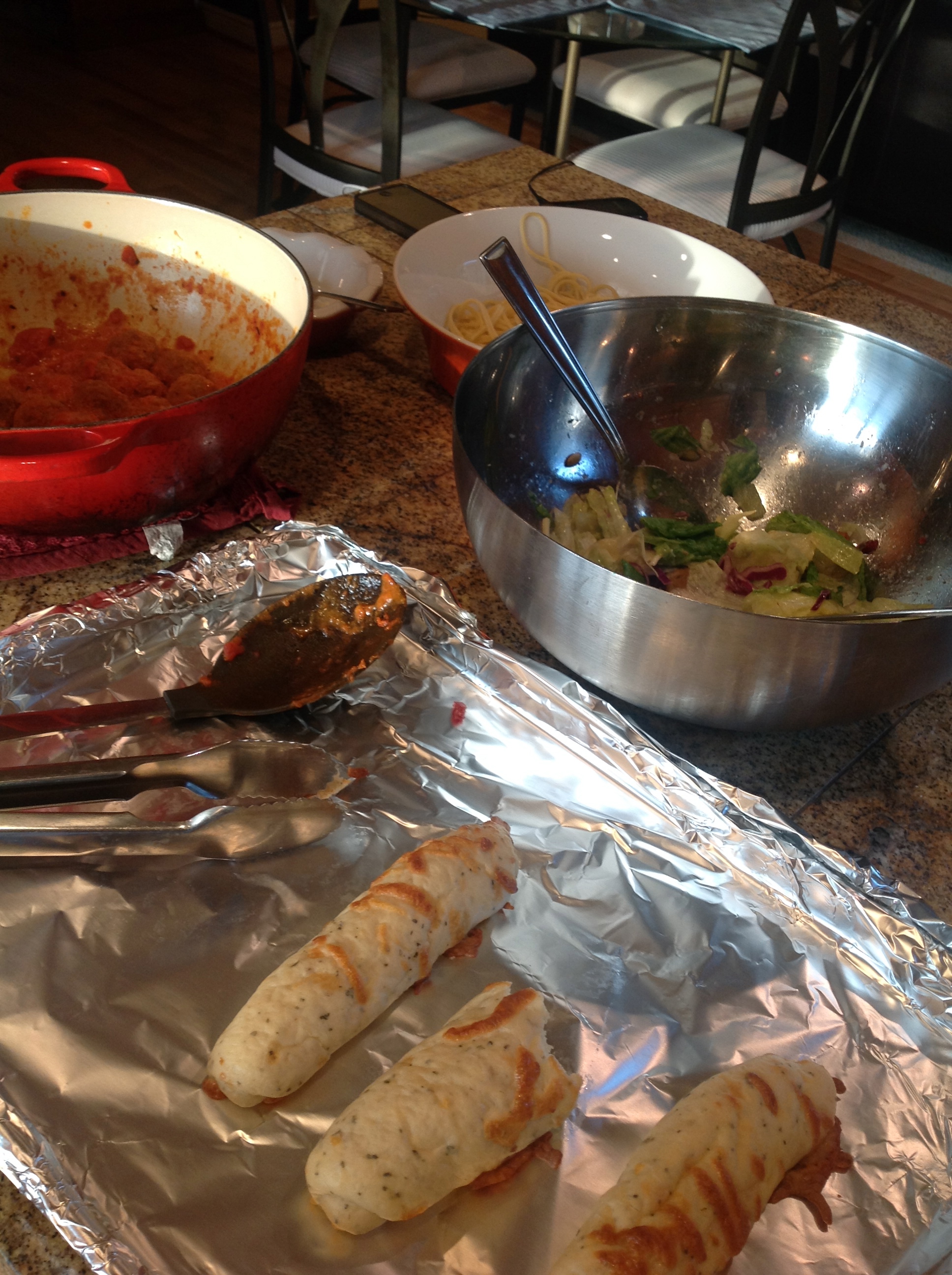 spaghetti and meatballs,garlic bread,salad (all from trader joe's