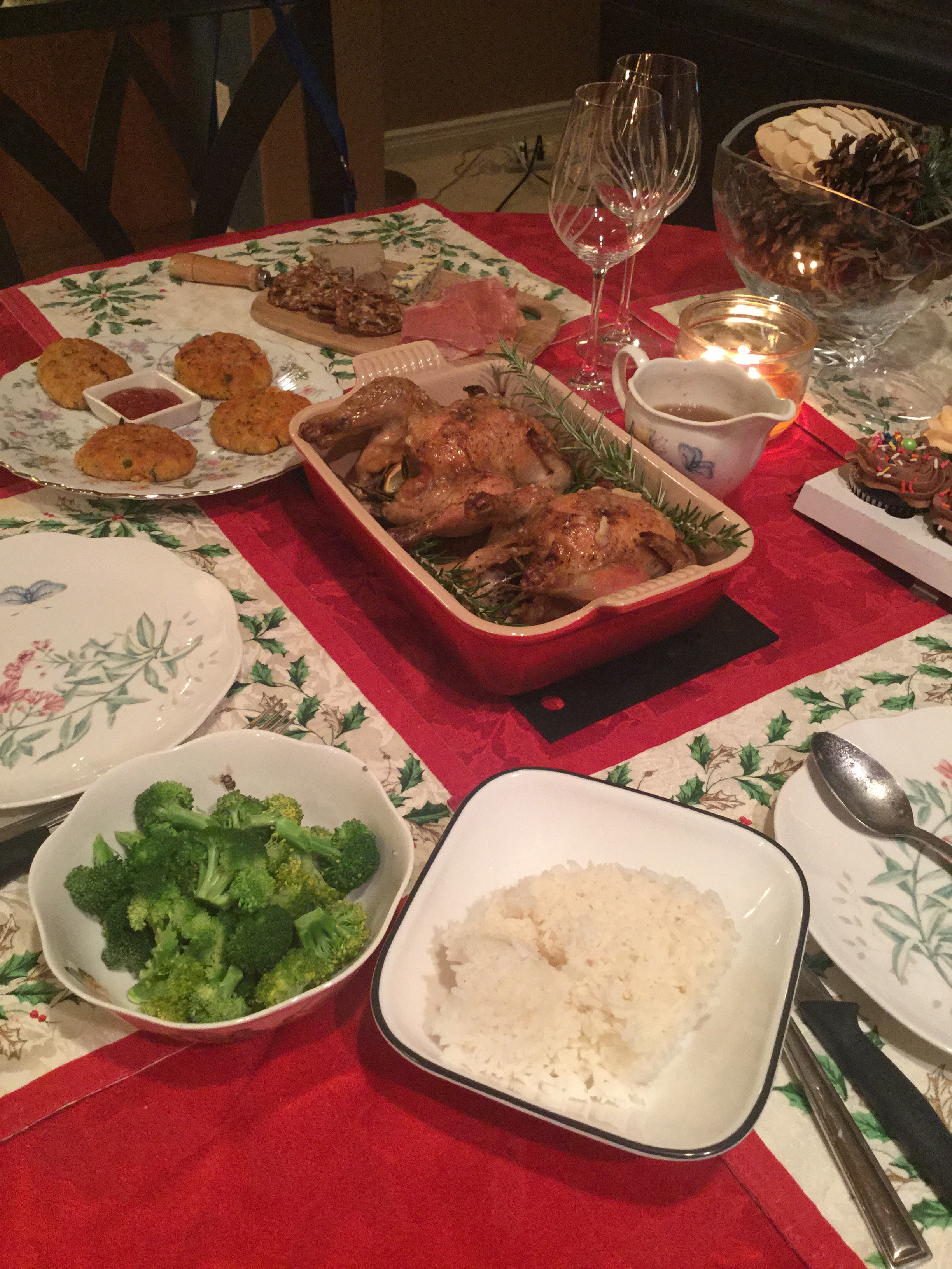simple NYE dinner! we had meat and pate,crabcakes(it wasn't very good),roast cornish game hens,broccoli,cupcakes)