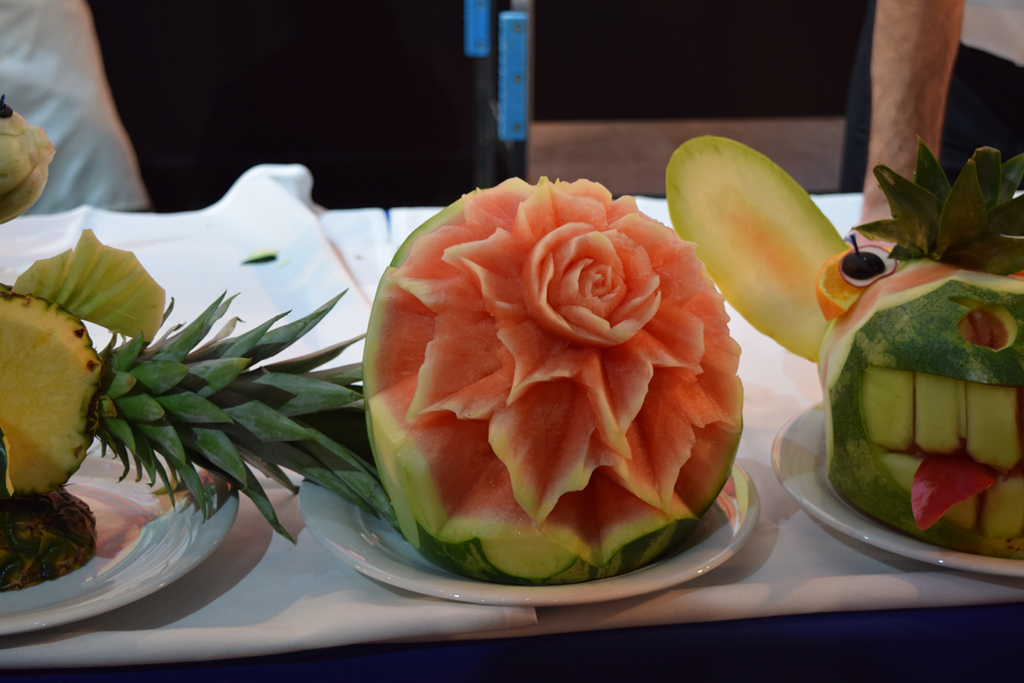 Fruit and Veggie carving demonstration (this is so pretty, watermelon flower)