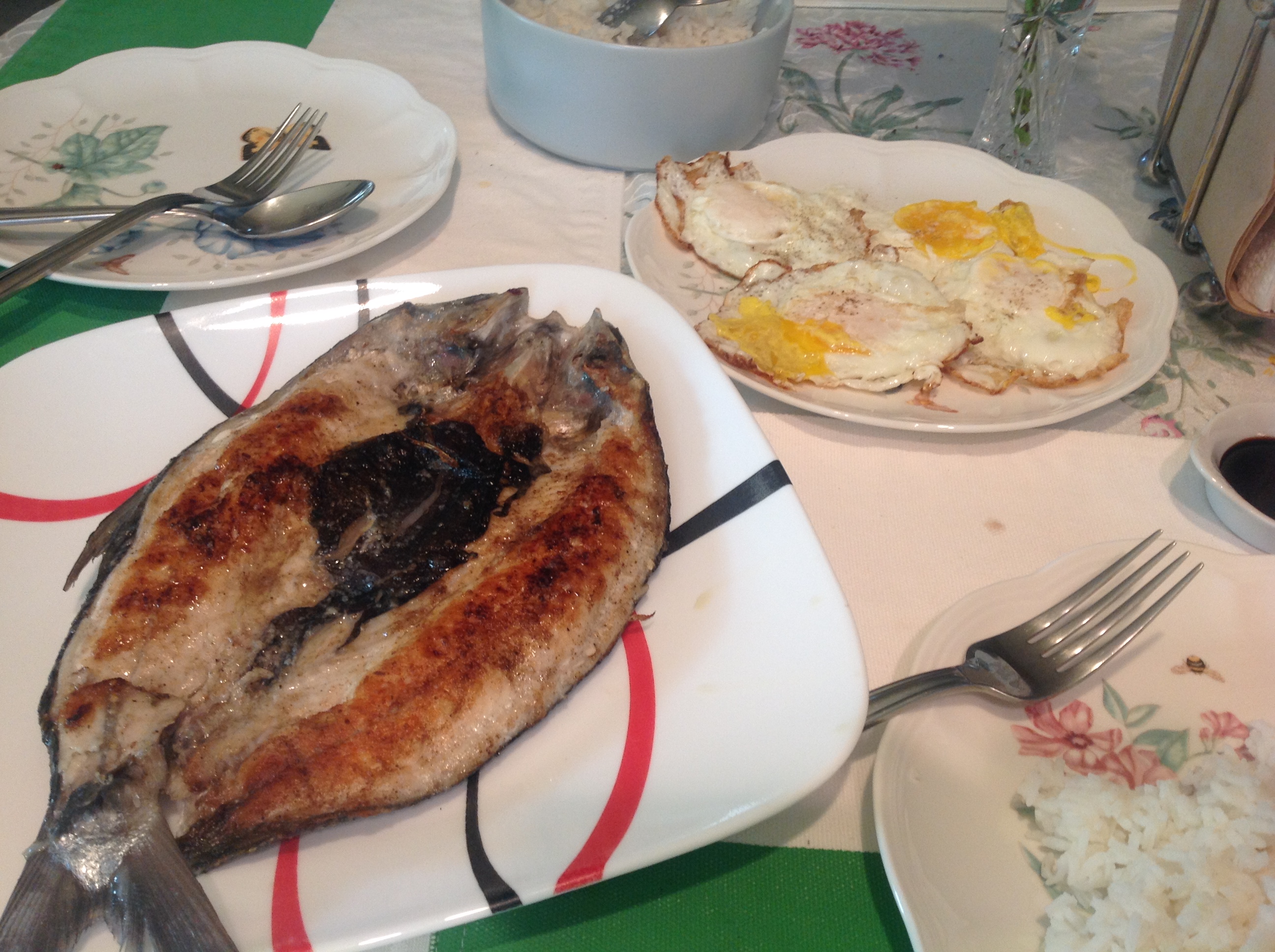 Filipino breakfast for dinner! Milkfish and eggs.